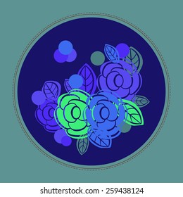 Card with sketch of colored roses, leaves, ellipses on a circle. Handmade.