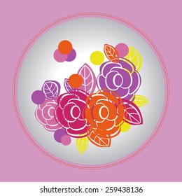 Card with sketch of colored roses, leaves, ellipses on a circle. Handmade.