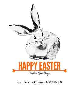 Card with sketch Easter rabbit. Hand drawn illustration 