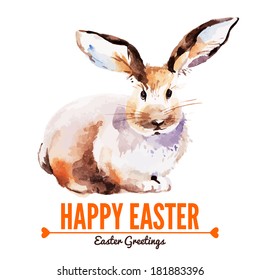 Card with sketch Easter rabbit. Hand drawn watercolor illustration 