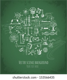 Card with sketch science objects on chalkboard. Physics and chemistry. Vector illustration.