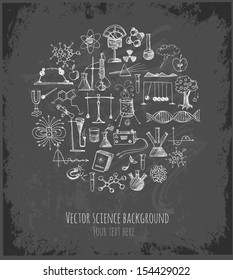 Card With Sketch Science Objects On Chalkboard. Physics And Chemistry. Vector Illustration. 