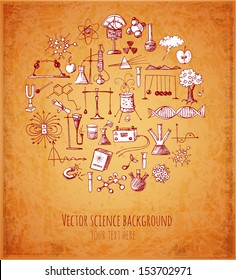 Card with sketch science objects in vintage style. Physics and chemistry. Vector illustration. 