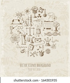 Card With Sketch Science Objects In Vintage Style. Physics And Chemistry. Vector Illustration. 