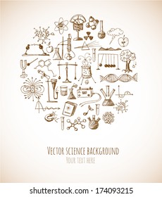 Card With Sketch Science Objects In Vintage Style. Physics And Chemistry. Vector Illustration. 