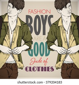 Card with sketch of a stylish dude and text. Vector collection.