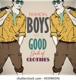 Card with sketch of a stylish dude and text. Vector collection.