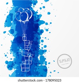 Card with sketchy balloons, gift boxes and bright blue splashes on white background with place for your text. 
