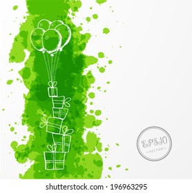 Card with sketchy balloons, gift boxes and bright splashes on white background with place for your text. 