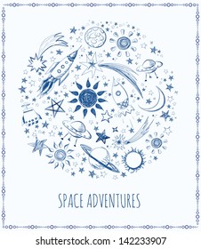 Card with sketchy space objects and place for your text. Vector illustration