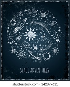 Card with sketchy space objects and place for your text. Vector illustration