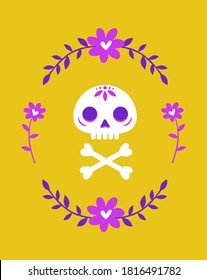 Card with skull and bones surrounded by a wreath of flowers. Cute vector illustration in flat style with human scoop painted in calavera style. For wallpaper, backgound, wrapping paper, textile.