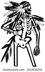 Muerte del cráneo con plumas, ilustración del vector del esqueleto nativo americano 