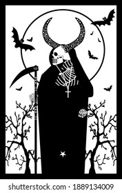 Card skull death with horns black and white vector background