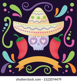 card of skull with mexican hat, mexican food vector illustration design