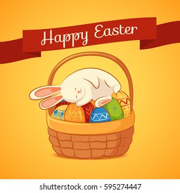 Card with sleeping Easter Bunny on a yellow background. Basket with Easter eggs. Inscription - Happy Easter.