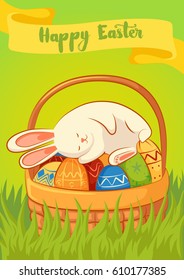 Card with sleeping the Easter Bunny on a yellow background. Basket with Easter eggs. Inscription - Happy Easter.