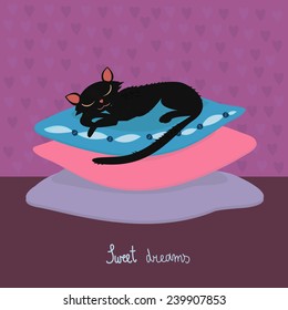 Card with a sleeping kitten. Vector illustration.