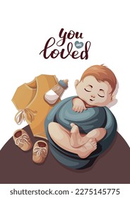 Card with Sleeping swaddled baby boy, bodysuit, milk bottle. Handwritten text. Newborn, Childbirth, Baby care, babyhood, childhood, infancy concept. Vector illustration for card, postcard, cover.