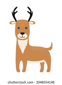 card with small cartoon deer, simple design, cute animal isolated on white background, vector illustration