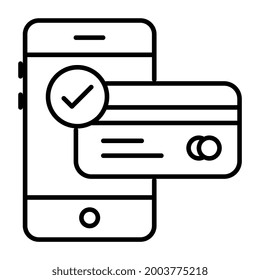 Card with smartphone, linear design of mobile payment