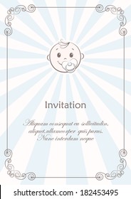 Card with smiling new born boy with baby's dummy in calligraphic frame on beige and blue rays. Vector background.