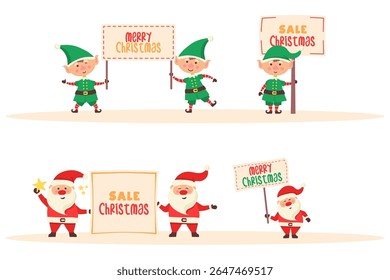 Card smiling santa claus with empty background snow flakes friendly character pose celebration costume season typography holiday merry christmas greeting template vector design