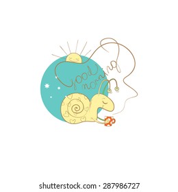 Card with snail who holds  mug smoking coffee. Inscription Good morning.