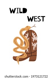 Card  with snake, cowboy boot and lettering Wild West. Wild West theme. Hand drawn colored trendy Vector isolated illustration. 