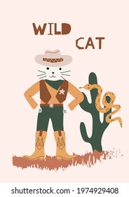 Card  with snake, cowboy cat, cactus  and lettering Wild West. Wild West theme. Hand drawn colored trendy Vector isolated illustration. 