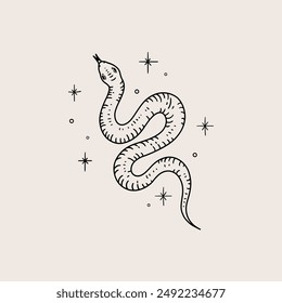 Card with snake and stars. Hand drawn illustration in sketch style.