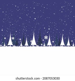 card with snow falling heavily over the fir forest at night on a blue background