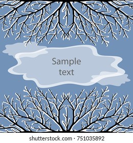 Card with snowbound tree twigs on blue sky background