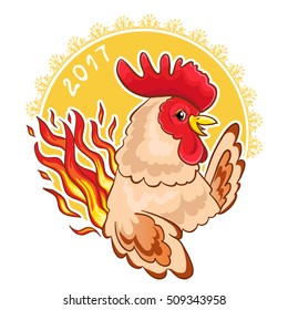 Card with snowflake label and rooster with fire, symbol of 2017 new year, vector image, eps10