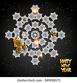 Karte mit Schneeflocken auf schwarzem Hintergrund und goldenen Elementen. Feiertag Hintergrund für Design-Karte, Banner, Ticket, Broschüre und so weiter.