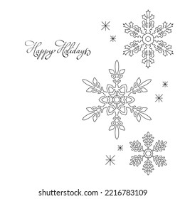 Card. Snowflakes on a white background.Contour.Happy holidays. Vector black and white illustration.