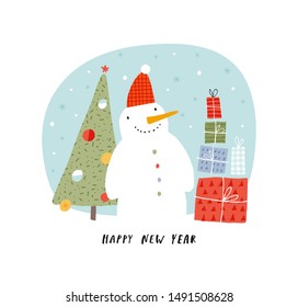 Card with snowman, Christmas tree and sled: Happy New Year. Vector illustration in red and blue for Christmas posters, cards, gift tags.  