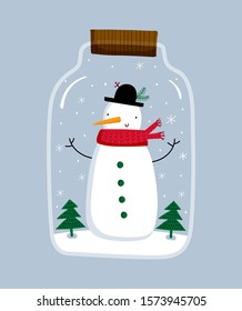 Card with snowman, Christmas tree and sled: Happy New Year. Vector illustration in red and blue for Christmas posters, cards, gift tags.  