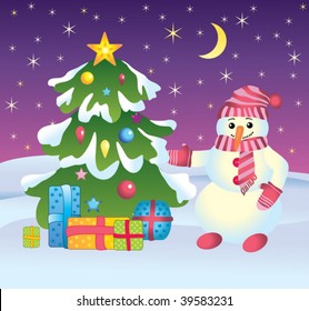 card with snowman, gifts and christmas tree