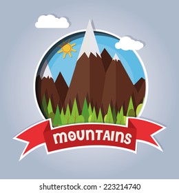 Card with snowy mountains and pine trees on a sunny day. vector image