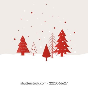 Card with snowy winter forest. Set decorative christmas doodle christmas trees and snow. Pastel greeting card, template, flyer. Vector illustration