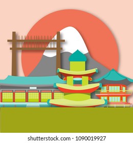 Card with South Korea attractions in paper art style. For travel, stickers and greeting cards.