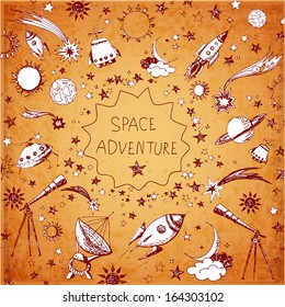 Card with space objects on vintage background: stars, rockets, planets, the moon, the sun etc. Vector illustration.