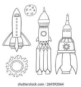 Card with space objects: rockets, the moon and the sun. Hand-drawn elements in space theme 