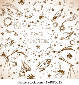 Card with space objects: stars, rockets, planets, the moon, the sun etc. Hand-drawn with ink in vintage style. 