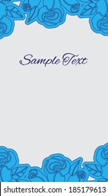 Card with space for text, blue roses with a dark blue outline on a gray background