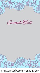 Card with space for text, light blue roses with a violet red outline on a gray background