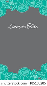 Card with space for text, turquoise roses with a white outline on a gray background