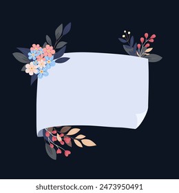 A card with space for your text surrounded by flowers. Sash with botanical elements. Vector illustration.