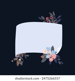 A card with space for your text surrounded by flowers. Sash with botanical elements. Vector illustration.